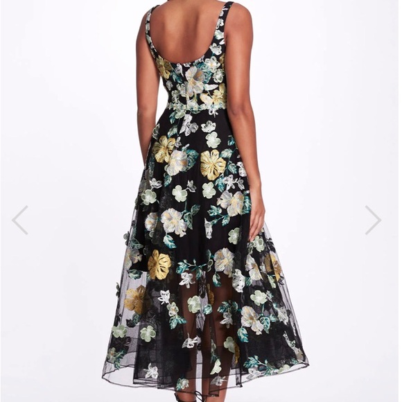Current season NWT Marchesa Black Tulle Embroidered Floral Tea Length Gown. - Picture 3 of 13
